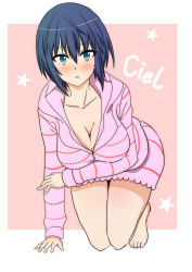 Rule 34 | 1girl, absurdres, all fours, barefoot, bent over, blue eyes, blue hair, blush, border, breast hold, breasts, character name, ciel (tsukihime), cleavage, collarbone, commentary request, highres, hood, hood down, hoodie, kusakabe fumika, long sleeves, looking at viewer, medium breasts, naked hoodie, official alternate costume, pajamas, parted lips, pink background, pink hoodie, pink pajamas, short hair, sidelocks, solo, star (symbol), striped clothes, striped hoodie, striped pajamas, tsukihime, tsukihime (remake), white border, zipper, zipper pull tab