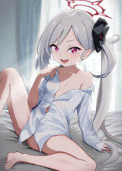 Rule 34 | 1girl, barefoot, blue archive, breasts, buttons, collared shirt, commentary request, grey hair, halo, highres, indoors, long hair, long sleeves, looking at viewer, mutsuki (blue archive), navel, open mouth, pink eyes, pointy ears, red halo, shirt, side ponytail, small breasts, smile, solo, toes, udon f, white shirt