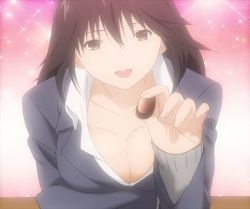 Rule 34 | 1girl, breasts, chocolate, cleavage, gradient background, hatsukoi limited, open mouth, screencap, solo, stitched, third-party edit, yamamoto misaki