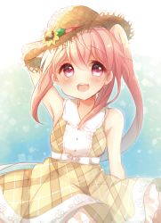 Rule 34 | 10s, 1girl, :d, alternate costume, arm behind head, blue hair, dress, gradient hair, hair ornament, hair ribbon, haruichigo, harusame (kancolle), hat, kantai collection, long hair, multicolored hair, open mouth, pink eyes, pink hair, ribbon, side ponytail, sleeveless, sleeveless dress, smile, solo, straw hat, sun hat