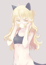 Rule 34 | 1girl, ahoge, animal ears, blonde hair, blush, bottomless, cat ears, cat tail, crop top, glasses, navel, out-of-frame censoring, perrine h. clostermann, shiro-inu, solo, strike witches, tail, tank top, world witches series, yellow eyes