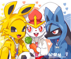 Rule 34 | 3boys, animal ears, animal hands, animal hood, animal nose, artist name, ball, black sclera, blue shirt, blue sweater, blush, blush stickers, bright pupils, buck teeth, carrot, character name, cinderace, closed mouth, clothed pokemon, colored sclera, creatures (company), drawstring, english text, eye contact, fake animal ears, food, furry, furry male, game freak, gen 1 pokemon, gen 4 pokemon, gen 8 pokemon, hands up, happy, highres, holding, holding food, holding vegetable, hood, hood up, hooded jacket, hooded sweater, jacket, jolteon, kiki (431642), knee up, light blush, lightning bolt symbol, long sleeves, looking at another, looking to the side, lucario, male focus, matching hair/eyes, multiple boys, nintendo, open clothes, open jacket, open mouth, outline, personification, pink shirt, pokemon, pokemon (creature), rabbit boy, rabbit ears, red eyes, red hair, shirt, short hair, sitting, smile, snout, soccer ball, straight-on, sweater, teeth, twitter username, upper body, vegetable, watermark, white eyes, white hair, white jacket, white outline, white pupils, white shirt, wolf boy, wolf ears, yellow jacket, zipper pull tab