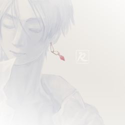 Rule 34 | 1boy, bishounen, closed mouth, earrings, closed eyes, grey background, greyscale, hair between eyes, jewelry, male focus, monochrome, original, renkoma, signature, simple background, single earring, smile, solo, spot color, upper body
