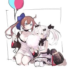 Rule 34 | 2girls, absurdres, aged down, ahoge, bag, balloon, bare shoulders, black bra, black jacket, blush, bow, bra, breasts, brown hair, choker, cleavage, closed eyes, cotton candy, cowboy shot, crescent, crescent earrings, dress, earrings, eating, fal (girls&#039; frontline), five-seven (adventures of fenfen) (girls&#039; frontline), five-seven (girls&#039; frontline), girls&#039; frontline, green eyes, hair between eyes, hair bow, hair ornament, hair ribbon, handbag, highres, holding, jacket, jewelry, long hair, long sleeves, multiple girls, official alternate costume, open clothes, open jacket, osakanadream, pouch, ribbon, short dress, side ponytail, sidelocks, silver hair, simple background, sitting, sleeveless, sleeveless dress, thighhighs, twintails, underwear, very long hair, white background, white dress, white legwear