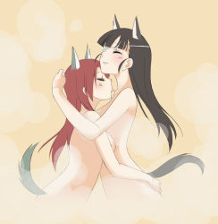 Rule 34 | 00s, 2girls, animal ears, black hair, blush, couple, eyepatch, closed eyes, highres, hug, kanata (sentiment), licking, long hair, minna-dietlinde wilcke, multiple girls, nude, red hair, sakamoto mio, strike witches, tail, tongue, world witches series, yuri