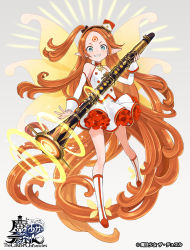 Rule 34 | 1girl, absurdly long hair, blue eyes, boots, clarinet, company name, copyright name, detached sleeves, facial mark, fairy wings, forehead mark, full body, grey background, grin, hairband, hat, holding, holding instrument, instrument, knee boots, long hair, looking at viewer, mini hat, official art, pointy ears, red hair, side ponytail, skirt, smile, solo, standing, the caster chronicles, very long hair, watermark, white skirt, wings, wrist cuffs, yuko (uc yuk)