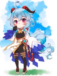 Rule 34 | 1girl, aged down, ahoge, bell, black gloves, blue hair, bodystocking, cowbell, detached sleeves, female focus, flat chest, full body, ganyu (genshin impact), genshin impact, gloves, goat horns, highres, horns, long hair, looking at viewer, neck bell, red eyes, shoes, standing, teruki kuma, white footwear, white sleeves