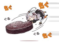 Rule 34 | 1girl, absurdres, antenna hair, black footwear, black jacket, braid, brown eyes, chibi, commentary request, eating, food, food on face, grey hair, hair between eyes, highres, holding, holding food, jacket, kizuna akari, long hair, long sleeves, milkpanda, open clothes, open jacket, orange pantyhose, pantyhose, puffy long sleeves, puffy sleeves, shadow, shoes, simple background, solid oval eyes, solo, speed lines, sweat, translation request, twin braids, twintails, very long hair, voiceroid, white background