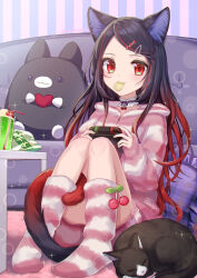 Rule 34 | 1girl, absurdres, animal ear fluff, animal ears, bag of chips, black hair, cat, cat ears, cat girl, cat tail, chips (food), controller, couch, fang, fang out, food, full body, game controller, gamepad, gradient hair, highres, hood, hoodie, long hair, long sleeves, looking at viewer, loungewear, mouth hold, multicolored hair, original, pink hoodie, pink shorts, pink socks, potato chips, red eyes, red hair, ruri-urasue-1224, shorts, sitting, smile, socks, striped clothes, striped hoodie, striped shorts, striped socks, stuffed animal, stuffed toy, table, tail, white hoodie, white shorts, white socks