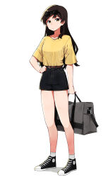 Rule 34 | absurdres, bag, billbung, black footwear, black hair, black skirt, breasts, closed mouth, collarbone, dot nose, expressionless, eyewear on head, full body, grey bag, hand on own ass, high tops, highres, holding, holding bag, idolmaster, idolmaster million live!, idolmaster million live! theater days, kitazawa shiho, long hair, looking at viewer, medium breasts, miniskirt, parted bangs, shirt, shoes, short sleeves, sidelocks, simple background, skirt, sneakers, socks, white background, white socks, yellow eyes, yellow shirt
