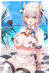 Rule 34 | 1girl, animal ears, animal print, apron, beach, beach towel, bell, bikini, bikini top only, blue ribbon, blue sky, braid, breasts, cloud, cow ears, cow horns, cow print, cow tail, day, green eyes, hair ribbon, hand on own chest, highres, hololive, horns, large breasts, maid apron, medium hair, mole, mole on breast, mou tama maru, neck bell, open mouth, plant, ribbon, shirogane noel, shirogane noel (casual), silver hair, sitting, sky, smile, solo, swimsuit, tail, thighhighs, towel, virtual youtuber, wrist ribbon
