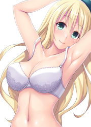 Rule 34 | 1girl, absurdres, armpits, arms up, atago (kancolle), beret, blonde hair, blue hat, bra, breasts, cleavage, closed mouth, collarbone, green eyes, hair between eyes, hat, highres, kantai collection, large breasts, long hair, navel, ruin re birth, simple background, smile, solo, underwear, upper body, white background, white bra