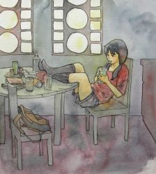 Rule 34 | 1girl, bag, black hair, black socks, bottle, can, chair, drinking, drinking straw, feet on table, glass, indoors, kneehighs, long hair, looking away, no shoes, original, painting (medium), shirt, shorts, sitting, socks, solo, t-shirt, table, taxi (artist), traditional media, twintails, water bottle, watercolor (medium)