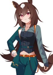 Rule 34 | 1girl, animal ears, belt, black gloves, blush, breasts, brown belt, brown hair, closed mouth, collared shirt, commentary request, cowboy shot, ear ornament, fingerless gloves, frown, gloves, green jacket, green pants, grey shirt, hair between eyes, hand on own hip, highres, horse ears, horse girl, horse tail, jacket, large breasts, long hair, looking at viewer, midriff peek, miya star saa, multicolored hair, pants, red eyes, shirt, simple background, sirius symboli (umamusume), solo, streaked hair, tail, umamusume, very long hair, white background, white hair