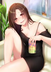 Rule 34 | 1girl, absurdres, alcohol, bare legs, bare shoulders, beer, beer can, black dress, blush, breasts, brown hair, can, cleavage, collarbone, commentary request, couch, curtains, dress, drink can, eyelashes, fingernails, hair over eyes, head tilt, highres, holding, holding can, indoors, knee up, leaf, long hair, looking at viewer, medium breasts, nagura shiro, nail polish, off-shoulder dress, off shoulder, on couch, open mouth, original, plant, potted plant, purple nails, red eyes, short dress, short sleeves, sitting, smile, solo, strap slip, window