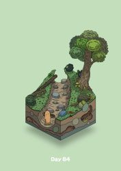 Rule 34 | boulder, commentary request, diorama, food, fruit, gozz, highres, holding, isometric, log, moss, original, sweat, tree