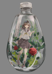 Rule 34 | 1girl, arm at side, bottle, brown eyes, brown hair, commentary request, english text, flower, full body, glass bottle, grey background, highres, in bottle, in container, looking at viewer, medium hair, mini person, minigirl, naruse chisato, neck ribbon, original, pleated skirt, ribbon, school uniform, serafuku, shirt, short sleeves, simple background, skirt, solo, yellow ribbon