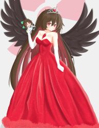 Rule 34 | 1girl, absurdres, bare shoulders, breasts, covered navel, dress, fumo (doll), gown, hatto, highres, just hatto, large breasts, long hair, looking at viewer, red dress, reiuji utsuho, smile, solo, standing, touhou, very long hair, white background, wings