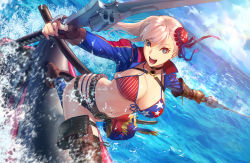 Rule 34 | 1girl, american flag bikini, asymmetrical gloves, asymmetrical hair, asymmetrical legwear, belt, bikini, blue eyes, boots, breasts, brown belt, brown gloves, bun cover, dual wielding, elbow gloves, fate/grand order, fate (series), fingerless gloves, flag print, front-tie bikini top, front-tie top, gloves, gunblade, hair bun, highres, holding, holding weapon, large breasts, long hair, looking at viewer, miyamoto musashi (fate), miyamoto musashi (fate/grand order), miyamoto musashi (swimsuit berserker) (fate), miyamoto musashi (swimsuit berserker) (second ascension) (fate), navel, pink hair, scabbard, sheath, shrug (clothing), single elbow glove, single hair bun, single thigh boot, single thighhigh, solo, swimsuit, thigh boots, thighhighs, uneven gloves, uneven legwear, unsheathed, weapon, zonotaida