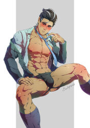 Rule 34 | 1boy, abs, artist name, bara, black hair, blush, bulge, collared shirt, creatures (company), evinist, formal, game freak, gluteal fold, grey hair, highres, jacket, jockstrap, larry (pokemon), looking at viewer, male focus, male underwear, manly, mature male, multicolored hair, muscular, muscular male, necktie, nintendo, nipples, pectorals, pokemon, pokemon sv, shirt, signature, simple background, socks, solo, spread legs, suit, thick eyebrows, thick thighs, thighs, tight clothes, underwear