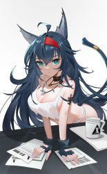 Rule 34 | 1girl, absurdres, ahoge, animal ear fluff, animal ears, arknights, arm support, bare shoulders, bikini, black choker, black gloves, black hair, blaze (arknights), breasts, cat ears, cat girl, cat tail, chinese commentary, choker, cleavage, closed mouth, coffee mug, collarbone, commentary request, cup, desk, fingerless gloves, gloves, green eyes, hairband, highres, jewelry, large breasts, leaning forward, long hair, mug, necklace, official alternate costume, paper, red hairband, simple background, solo, swimsuit, tail, tail ornament, tail raised, tail ring, very long hair, white background, white bikini