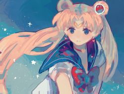 Rule 34 | 1girl, bad id, bad twitter id, beanynne, bishoujo senshi sailor moon, blue background, bow, closed mouth, derivative work, earrings, hair ornament, headband, heart, highres, jewelry, long hair, looking at viewer, magical girl, meme, moon, necklace, sailor collar, sailor moon, sailor moon redraw challenge (meme), school uniform, simple background, solo, star (sky), star (symbol), star in eye, symbol in eye, twintails