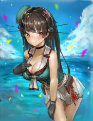 Rule 34 | 10s, 1girl, absurdres, black gloves, black hair, blurry, blush, breasts, choukai (kancolle), choukai kai ni (kancolle), cleavage, crop top, day, depth of field, glasses, gloves, hair ornament, hand on own chest, headgear, highres, impossible clothes, kantai collection, large breasts, leaning forward, light smile, lips, long hair, looking at viewer, midriff, ocean, pleated skirt, red eyes, rimless eyewear, shirainn, skirt, sky, solo, water