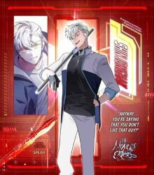 Rule 34 | 1boy, black jacket, black shirt, closed mouth, jacket, long hair, looking at viewer, open mouth, pants, red background, shin jonghak, shirt, smile, solo, the novels extra, white hair, white pants, white shirt, yellow eyes