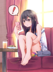 Rule 34 | !, 1girl, backlighting, ball, bare legs, bare shoulders, barefoot, black hair, blush, brown eyes, cat, cellphone, checkerboard cookie, commentary, cookie, couch, cup, curtains, dress, drink, drinking glass, drinking straw, feet, feet on chair, food, frills, hair ornament, hairclip, holding, holding phone, hugging own legs, indoors, lens flare, long hair, niichi (komorebi-palette), on couch, original, phone, sae shizuka, sitting, smartphone, solo, spoken exclamation mark, strapless, strapless dress, sunlight, sweatdrop, table, thighs, white dress, window