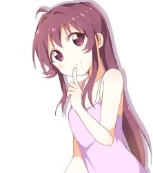 Rule 34 | 1girl, bare shoulders, breasts, camisole, closed mouth, commentary, finger to mouth, highres, index finger raised, long hair, looking at viewer, mesushio, ponytail, purple eyes, purple hair, purple shirt, shadow, shirt, simple background, sleeveless, sleeveless shirt, small breasts, smile, solo, spaghetti strap, standing, sugiura ayano, upper body, very long hair, white background, yuru yuri