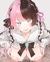 Rule 34 | 1boy, 1girl, blush, bow, bowtie, braid, breasts, breasts squeezed together, bright pupils, brown hair, brown nails, collarbone, commentary, dark-skinned male, dark skin, fang, fingernails, frills, grey background, hair intakes, hair ribbon, hetero, highres, large breasts, long hair, long sleeves, looking at viewer, male pubic hair, mole, mole on breast, multicolored hair, nail polish, navel, nipples, nose blush, open mouth, paizuri, penis, pink hair, pink nails, pink ribbon, pov, pov crotch, pubic hair, purple eyes, ribbon, simple background, solo focus, sssangan, stray pubic hair, sweat, tachibana hinano (vtuber), two-tone hair, virtual youtuber, vspo!