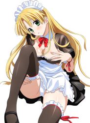 Rule 34 | 10s, 1girl, asia argento, black thighhighs, blonde hair, breasts, cleavage, green eyes, high school dxd, lace, lace-trimmed legwear, lace trim, long hair, maid, maid headdress, panties, red ribbon, ribbon, sitting, solo, thighhighs, transparent background, underwear, white panties