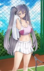 Rule 34 | art libi, azur lane, bare shoulders, blue eyes, blue sky, breasts, choker, cleavage, crop top, grey hair, hair between eyes, hair ornament, highres, intrepid (azur lane), large breasts, looking at viewer, midriff, mole, mole on breast, navel, open mouth, outdoors, racket, simple background, skirt, sky, solo, sports bra, sportswear, stomach, tennis racket, tennis uniform, thighs, towel, two side up
