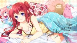 Rule 34 | 1girl, :d, bed, breasts, cleavage, happy valentine, long hair, looking at viewer, lying, mocha (naturefour), on stomach, open mouth, original, pillow, purple eyes, red hair, smile, solo, stuffed animal, stuffed rabbit, stuffed toy, two side up, under covers