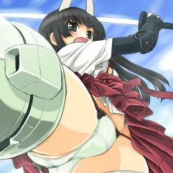 Rule 34 | 00s, 1girl, anabuki tomoko, ass, bad id, bad pixiv id, black eyes, black hair, crotch, dd (ijigendd), from below, panties, pantyshot, solo, strike witches, strike witches: suomus misfits squadron, sword, trefoil, underwear, upskirt, weapon, world witches series