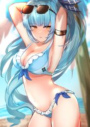 Rule 34 | 1girl, absurdres, alternate costume, alternate hairstyle, arms behind head, beach, blue hair, blurry, breasts, cleavage, depth of field, drill hair, eyewear on head, frilled swimsuit, frills, goddess of victory: nikke, highres, large breasts, light blue hair, light blush, long hair, ocean, parted lips, ponytail, privaty (nikke), solo, ssa (kiseion), sunglasses, swimsuit, very long hair, yellow eyes