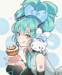 Rule 34 | 1girl, :3, :q, aqua eyes, aqua hair, aqua nails, aqua necktie, blue bow, bow, cherico, cinnamiku, cinnamon roll, cinnamoroll, closed mouth, cosplay, detached sleeves, dotted background, food, fork, fork hair ornament, hair bow, hatsune miku, hatsune miku (cosplay), highres, holding, holding fork, knife hair ornament, looking at viewer, nail polish, necktie, number tattoo, sanrio, solo, tattoo, tied ears, tongue, tongue out, updo, upper body, vocaloid