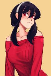 Rule 34 | 1girl, absurdres, bare shoulders, black hair, breasts, dress, hairband, highres, large breasts, long sleeves, off-shoulder dress, off shoulder, raichiyo33, red eyes, red sweater, sidelocks, simple background, smile, solo, spy x family, sweater, upper body, white hairband, yellow background, yor briar