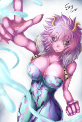 Rule 34 | 10s, 1girl, absurdres, ashido mina, black sclera, bodysuit, boku no hero academia, breasts, cleavage, colored sclera, colored skin, highres, horns, looking at viewer, pink hair, pink skin, short hair, signature, simple background, smile, solo, standing, vulko, white background, yellow eyes