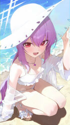 Rule 34 | 1girl, :d, absurdres, atsuko (blue archive), atsuko (swimsuit) (blue archive), beach, bikini, blue archive, breasts, cleavage, frilled bikini, frills, halo, highres, jewelry, looking at viewer, medium breasts, navel, necklace, official alternate costume, open mouth, purple hair, red eyes, sand, sandals, smile, solo, squatting, swimsuit, toes, toi1et paper, white bikini, white halo