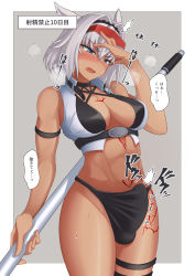 Rule 34 | 1girl, blue eyes, blush, breasts, bulge, caenis (fate), caenis (swimsuit rider) (second ascension) (fate), covered testicles, dark-skinned female, dark skin, erection, erection under clothes, fate/grand order, fate (series), futa yami, futanari, grey background, hair intakes, hand on own head, highres, medium hair, open mouth, simple background, solo, sweat, testicles, thigh strap, thighs, translation request