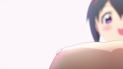 Rule 34 | 1girl, animated, animated gif, black hair, blush, bouncing breasts, breast expansion, breasts, close-up, from below, gigantic breasts, hairband, maken-ki!, nipples, open mouth, purple eyes, satou kimi, short hair, smile, solo, stitched, takami akio, third-party edit