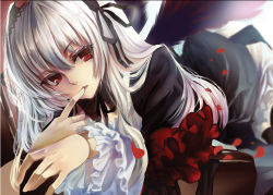 Rule 34 | 1girl, black dress, black wings, doll joints, dress, finger to mouth, gothic lolita, hairband, joints, layered dress, lolita fashion, lolita hairband, long hair, long sleeves, looking at viewer, lying, on stomach, petals, red eyes, rozen maiden, silver hair, solo, suigintou, white dress, wide sleeves, wings, yuki hikari