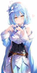 Rule 34 | 1girl, ahoge, backlighting, belt, beret, blue bow, blue bowtie, blue coat, blue hair, blue skirt, blush, bow, bowtie, breasts, brown belt, cleavage, cleavage cutout, closed mouth, clothing cutout, coat, commentary, corset, cowboy shot, eyelashes, flower, fur-trimmed coat, fur trim, hair between eyes, hair flower, hair ornament, hat, head tilt, heart, heart ahoge, heart hands, highres, hololive, large breasts, light blue hair, looking at viewer, medium hair, multicolored hair, off shoulder, official art, open clothes, open coat, plaid, plaid bow, plaid bowtie, plaid neckwear, pleated skirt, pointy ears, rin yuu, shirt, simple background, skirt, smile, snowflake print, solo, streaked hair, sunlight, symbol-only commentary, twintails, two-tone hair, virtual youtuber, white background, white hat, white shirt, yellow eyes, yukihana lamy