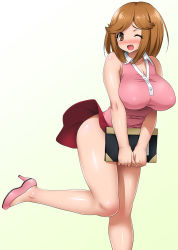 Rule 34 | 1girl, ass, blush, breasts, brown eyes, brown hair, clothes lift, covering privates, covering crotch, ebihara takeshi, female focus, full-face blush, gradient background, high heels, large breasts, leg lift, long hair, looking at viewer, mai machiko, maicching machiko-sensei, miniskirt, notebook, one eye closed, onomeshin, open mouth, shiny skin, shirt, shoes, short hair, simple background, skirt, skirt flip, skirt lift, sleeveless, sleeveless shirt, solo, standing, taut clothes, taut shirt, teacher, wind, wind lift, wink