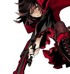 Rule 34 | 1girl, black hair, boots, cross-laced footwear, hood, lace-up boots, miwa shirow, pantyhose, ruby rose, rwby, short hair, solo, yellow eyes
