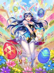 Rule 34 | 1girl, animal ears, blue eyes, blue hair, blue sky, blush, commentary request, detached collar, easter egg, egg, fake animal ears, fire emblem, fire emblem awakening, fire emblem cipher, fire emblem heroes, frilled leotard, frills, gloves, leotard, long hair, looking at viewer, lucina (fire emblem), lucina (spring) (fire emblem), matsurika youko, nintendo, official alternate costume, official art, open mouth, pantyhose, playboy bunny, rabbit ears, rabbit tail, sky, smile, solo, strapless, strapless leotard, tail, white pantyhose, wrist cuffs