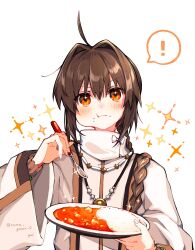 Rule 34 | !, 1other, ahoge, amulet, androgynous, black hair, bracelet, braid, braided ponytail, curry, curry rice, eating, fate/grand order, fate/samurai remnant, fate (series), food, food on face, hair intakes, highres, holding, holding plate, holding spoon, japanese clothes, jewelry, orange eyes, plate, rice, rice on face, yamato takeru (fate), solo, sparkle, spoken exclamation mark, spoon, white background, yui (tamagohan)