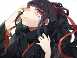 Rule 34 | 1girl, azami (kagerou project), bad id, bad pixiv id, black border, black hair, border, crying, head tilt, japanese clothes, kagerou project, kiragera, long hair, monster girl, red eyes, sad, scales, scarf, snake hair, solo, tears, white background