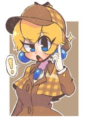 Rule 34 | !, 1girl, blonde hair, blue eyes, blush, border, brooch, brown background, brown capelet, brown coat, brown hat, buttons, capelet, coat, collared coat, deerstalker, detective peach, gloves, hat, highres, jewelry, looking at viewer, mario (series), nintendo, official alternate costume, open mouth, plaid capelet, plaid headwear, pointing, pointing up, princess peach, princess peach: showtime!, short hair, simple background, sofo soup, solo, sparkle, speech bubble, trench coat, upper body, white border, white gloves